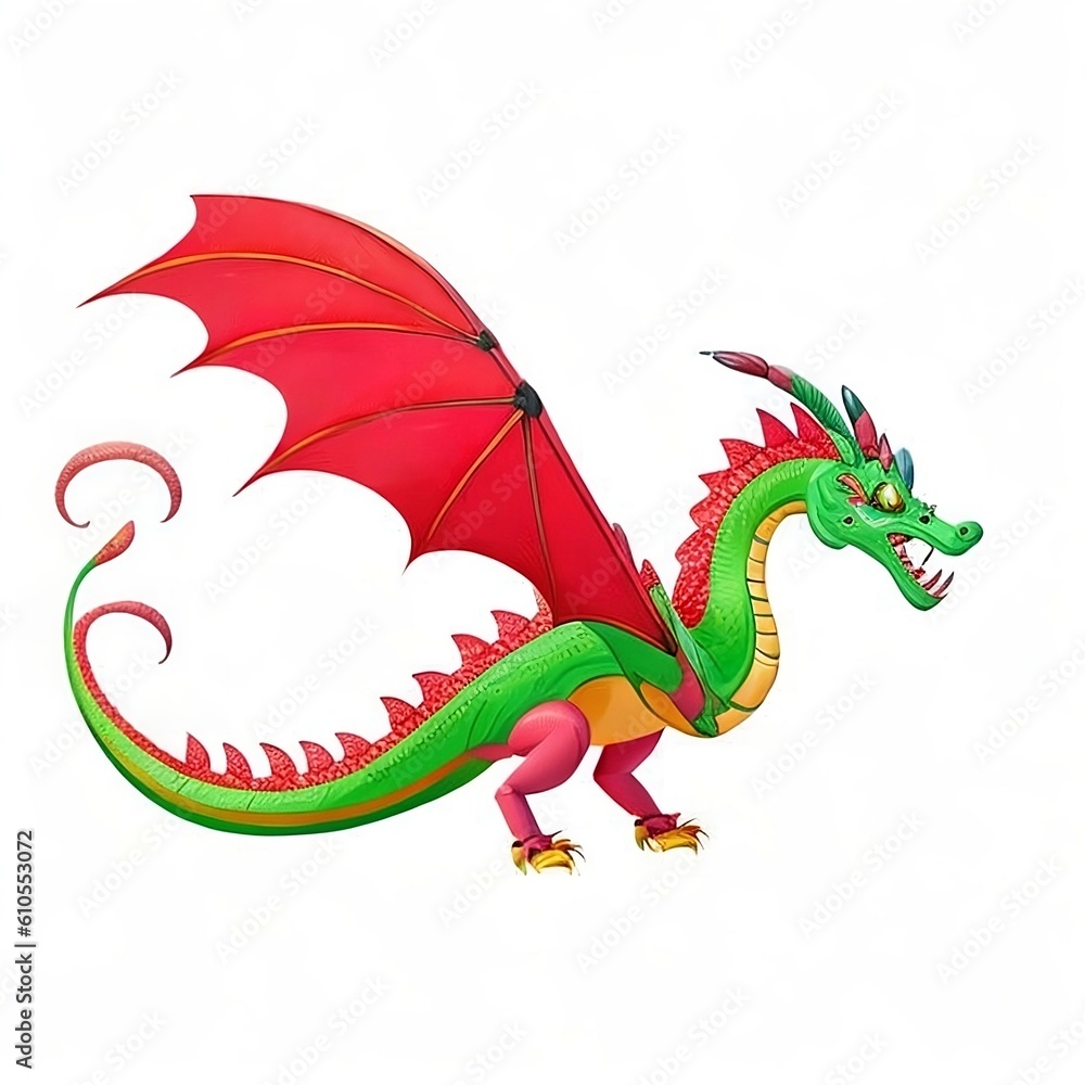 Fairy tale dragon, magic creature with tail and wings. Сartoon illustration of fire breathing monsters from medieval mythology, fantasy red and green flying beasts isolated on white background, Genera Fairy tale dragon, magic creature with tail and wings. Сartoon illustration of fire breathing monsters from medieval mythology, fantasy red and green flying beasts isolated on white background, Genera