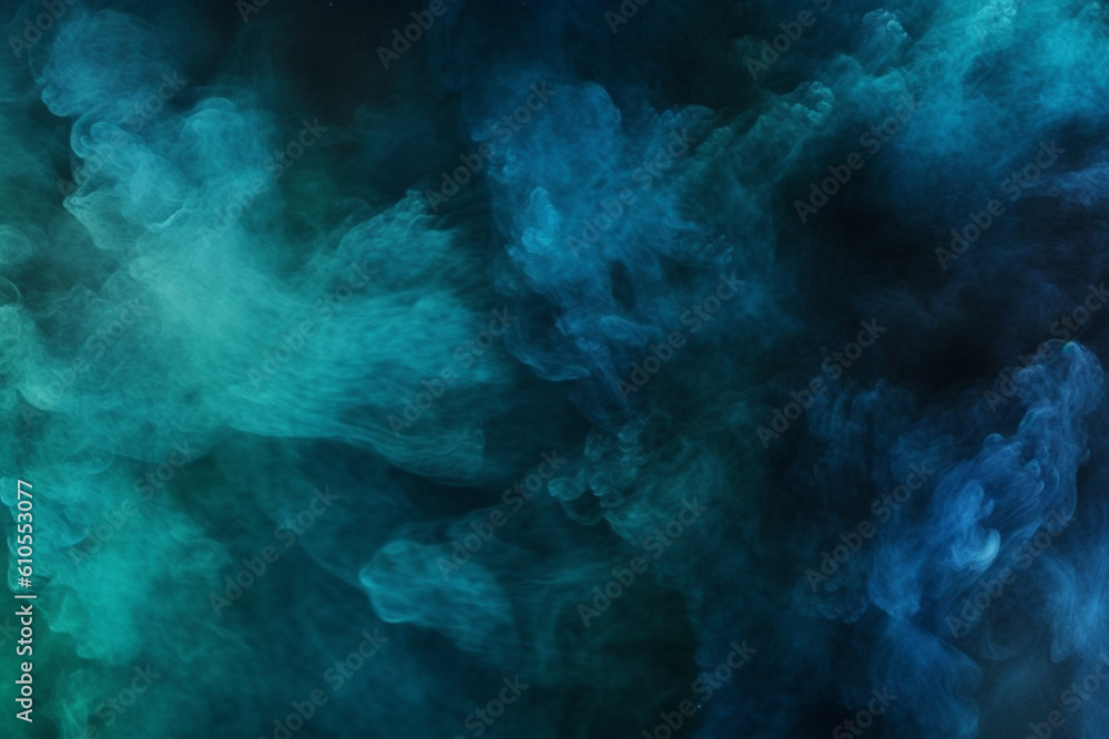 Color mist, Ink water, Haze texture, Fantasy night sky, Blue green shiny glitter steam cloud blend on dark black abstract art background
