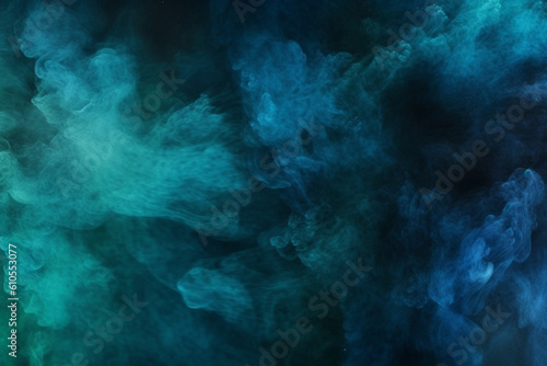 Color mist, Ink water, Haze texture, Fantasy night sky, Blue green shiny glitter steam cloud blend on dark black abstract art background