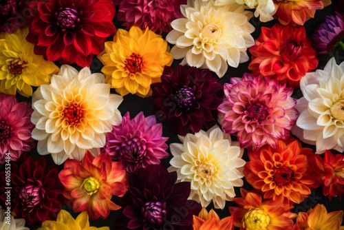 Colorful autumn dahlia flowers pattern as background, Top view