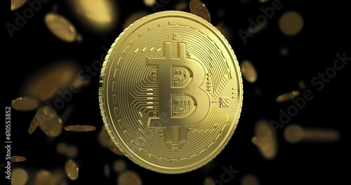Golden bitcoin rotation seamless loop animation with background full of bitcoins.