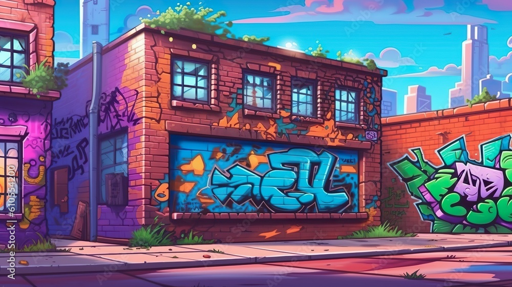 Abstract background graffiti on building. An artistic illustration showcasing the vibrant and intricate details of graffiti art on a building, presented in a stylish banner design. Generative AI.