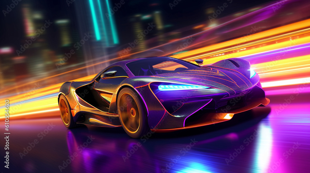 Futuristic Super Car on Neon Road, Acceleration, Neon Light Trails, Generative AI