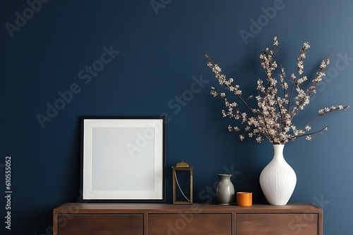 Mockup frame on cabinet in dark blue Scandinavian living room, ai generative © mariof