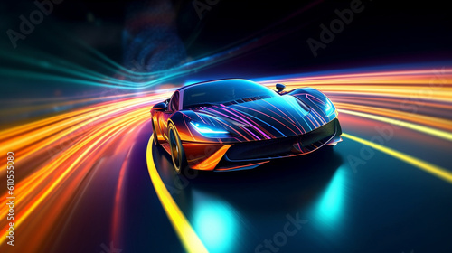 Futuristic Super Car on Neon Road, Acceleration, Neon Light Trails, Generative AI