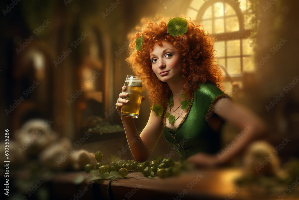 st. patrick's day, redhead girl with beer. Generative AI