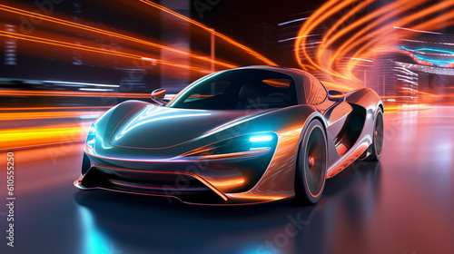 Futuristic Super Car on Neon Road, Acceleration, Neon Light Trails, Generative AI © HRTNT Media