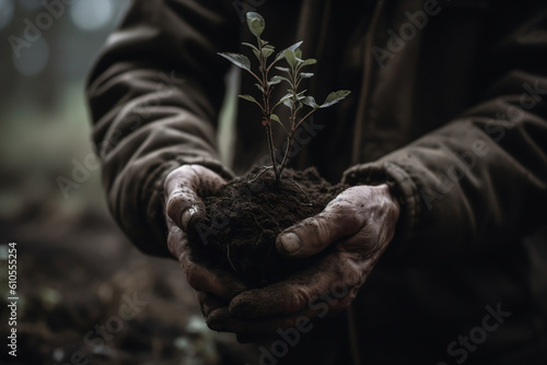 Green young sprout future crop plant saved in hands on old man, senior pensioner gardener. Environment Earth Day, Forest conservation, growing seedlings, symbol of spring and ecology concept
