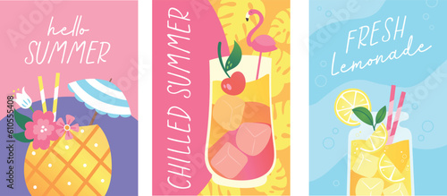 Set of cocktails. Vector illustrations of pretty drinks in different types of glasses. Summer cocktails posters, background, for menu, restaurant, bar,  background, invitation, advert, website