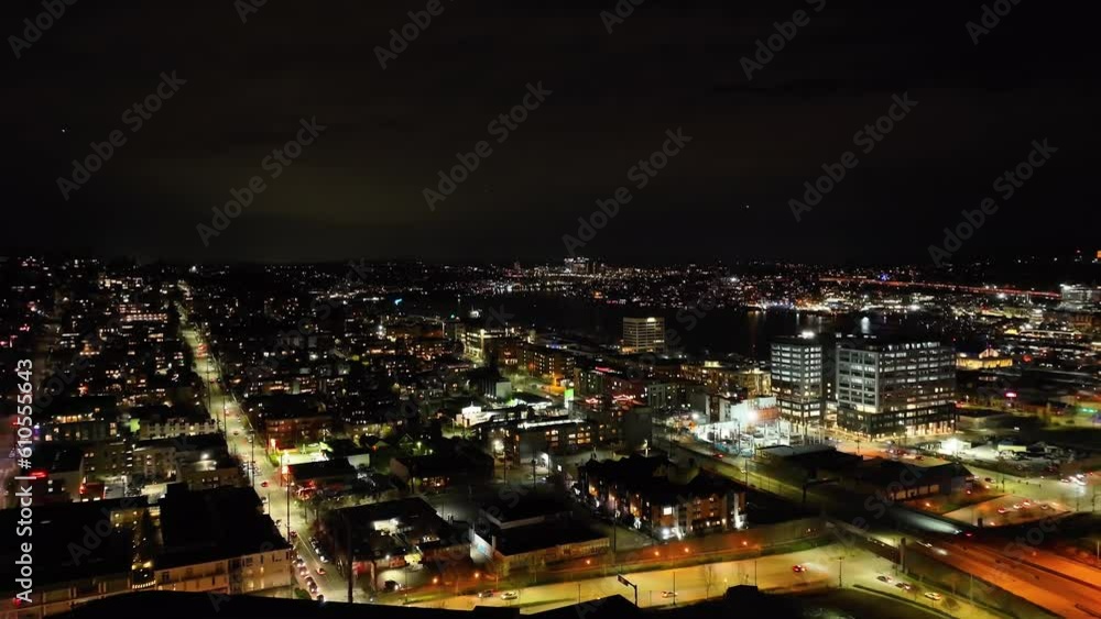Seattle outer suburbs at night, aerial view over USA city Seattle outer suburbs at night, aerial view over USA city