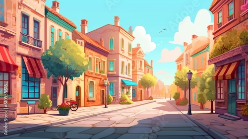 Background cozy street in small town. An inviting small town street is artfully illustrated in a banner design, enhanced by an abstract background. Generative AI.