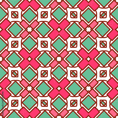 Seamless pattern with stylized pink flowers on a pale green background. Vector illustration