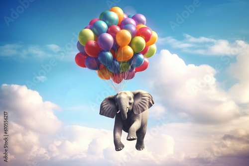 Elephant flying balloons heavy. Generate ai