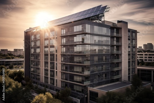 Urban Office Building Transformation: Retrofitting with Modern Solar Panels. Generative AI photo