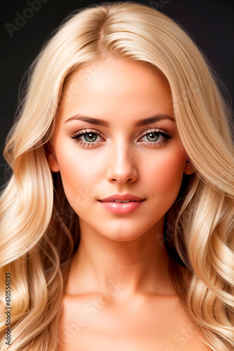 Blonde girl with long and shiny wavy hair on grey background. Beautiful model with curly hairstyle. Generative AI.