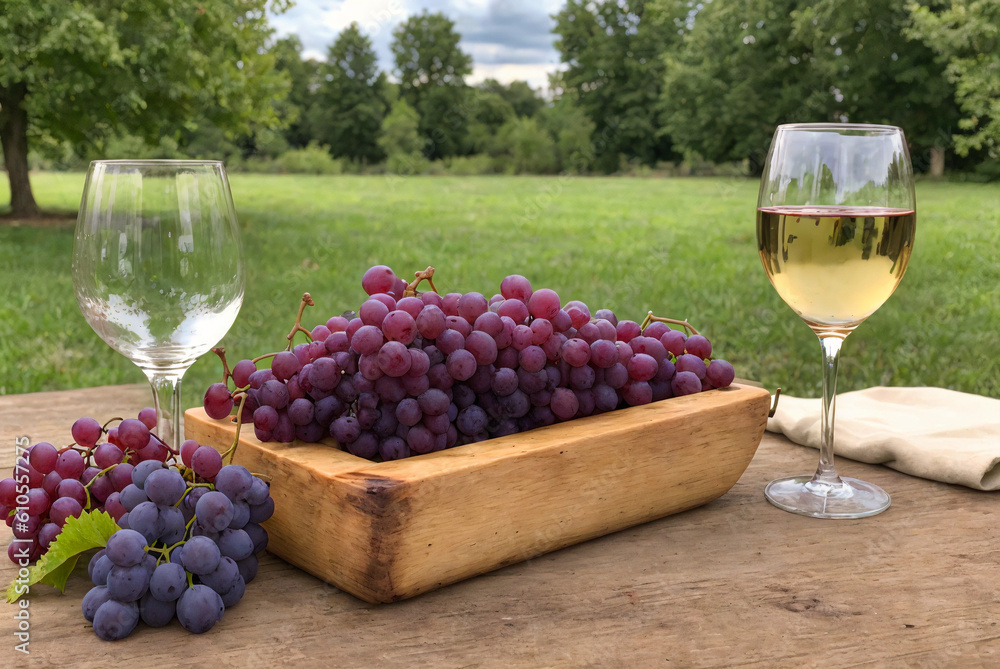 close up of a bunch of grapes in wooden bowl laying next to two red wine glasses on a wooden picnic table outside in the country with some trees in background, generative AI close up of a bunch of grapes in wooden bowl laying next to two red wine glasses on a wooden picnic table outside in the country with some trees in background, generative AI