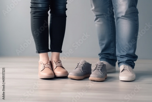 Cropped shot of future parents anticipate for child hold baby boots show small shoes for coming baby