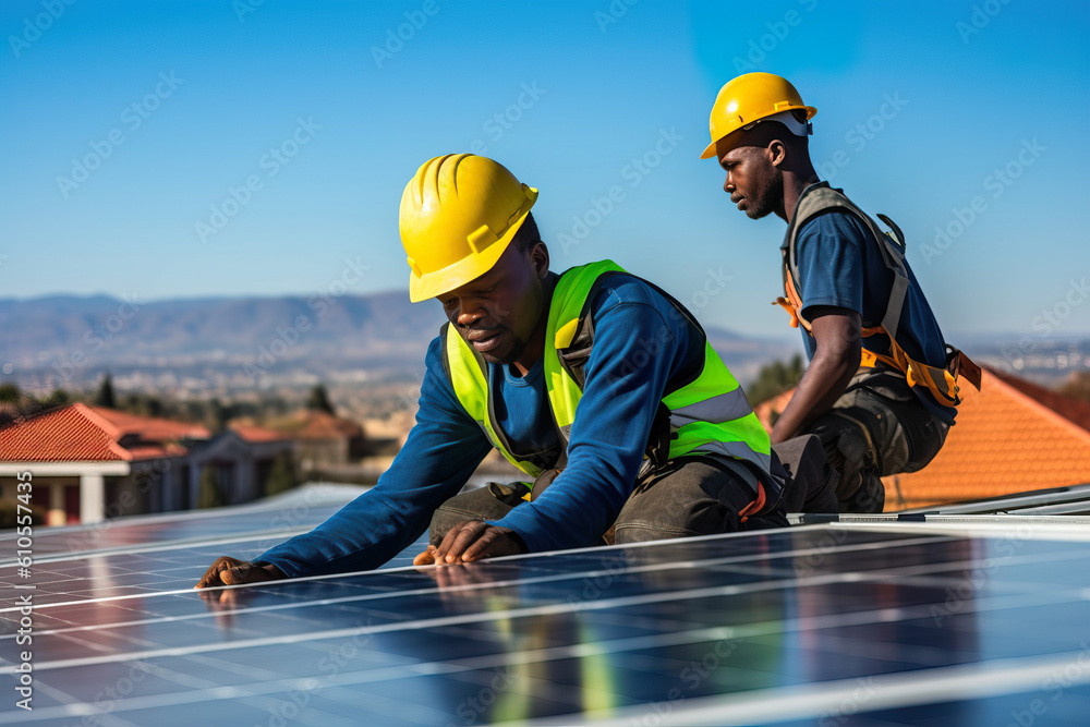Professional Solar Panel Installation on Suburban Rooftop. Generative AI Professional Solar Panel Installation on Suburban Rooftop. Generative AI