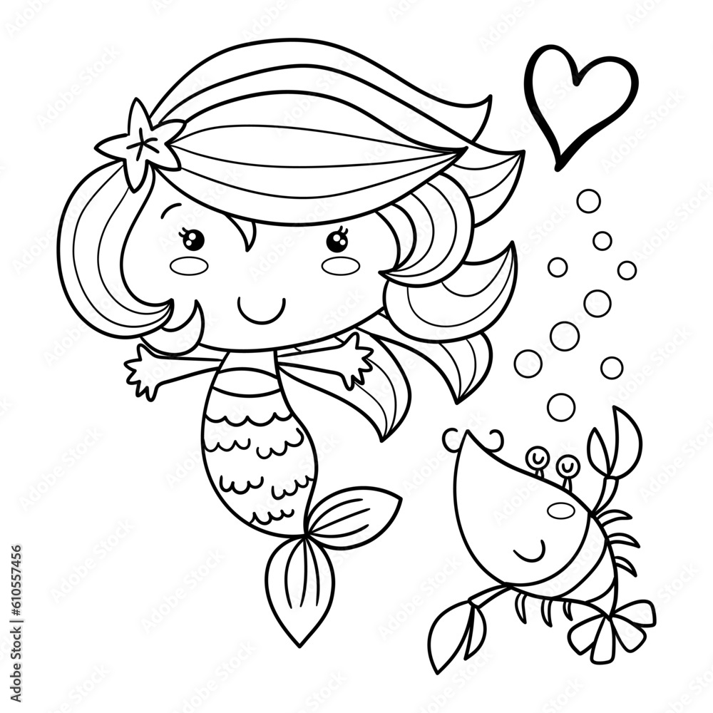 Illustration in black and white of a little mermaid playing with a shrimp under the sea, coloring page Illustration in black and white of a little mermaid playing with a shrimp under the sea, coloring page