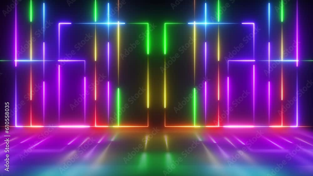 Neon glowing laser beams rainbow background. Seamless loop Neon glowing laser beams rainbow background. Seamless loop