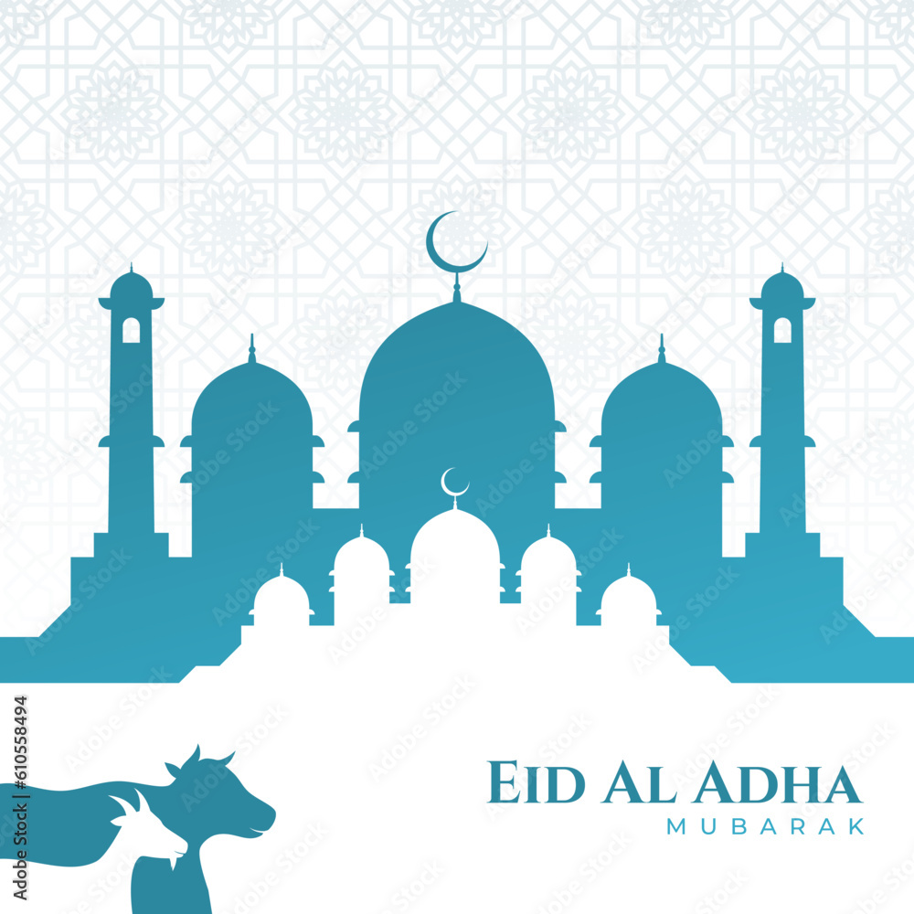 Eid Al Adha Greeting Design with Mosque and Silhouette of A Cow and A Goat