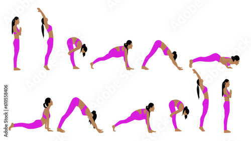Mujer haciendo secuencia de yoga Surya Namaskar o saludo al sol con fondo blanco, mujer practicando asanas de saludo al sol.