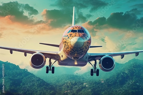 RoarFly: Unleash your wild side with our low - cost airline. Embark on an adventure alongside roaring savings and travel like a king of the jungle, cartoon style illustration generative ai photo