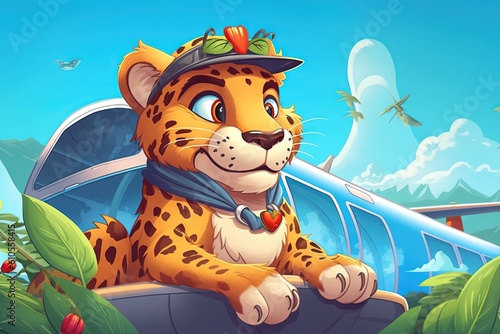 RoarFly: Unleash your wild side with our low - cost airline. Embark on an adventure alongside roaring savings and travel like a king of the jungle, cartoon style illustration generative ai photo