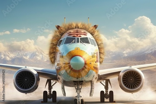 RoarFly: Unleash your wild side with our low - cost airline. Embark on an adventure alongside roaring savings and travel like a king of the jungle, cartoon style illustration generative ai photo