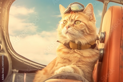 WhiskerWings: Join our purr - fectly affordable low - cost airline! Fly like a cat on a mission, with prices that'll make you purr with delight, cartoon style illustration generative ai photo