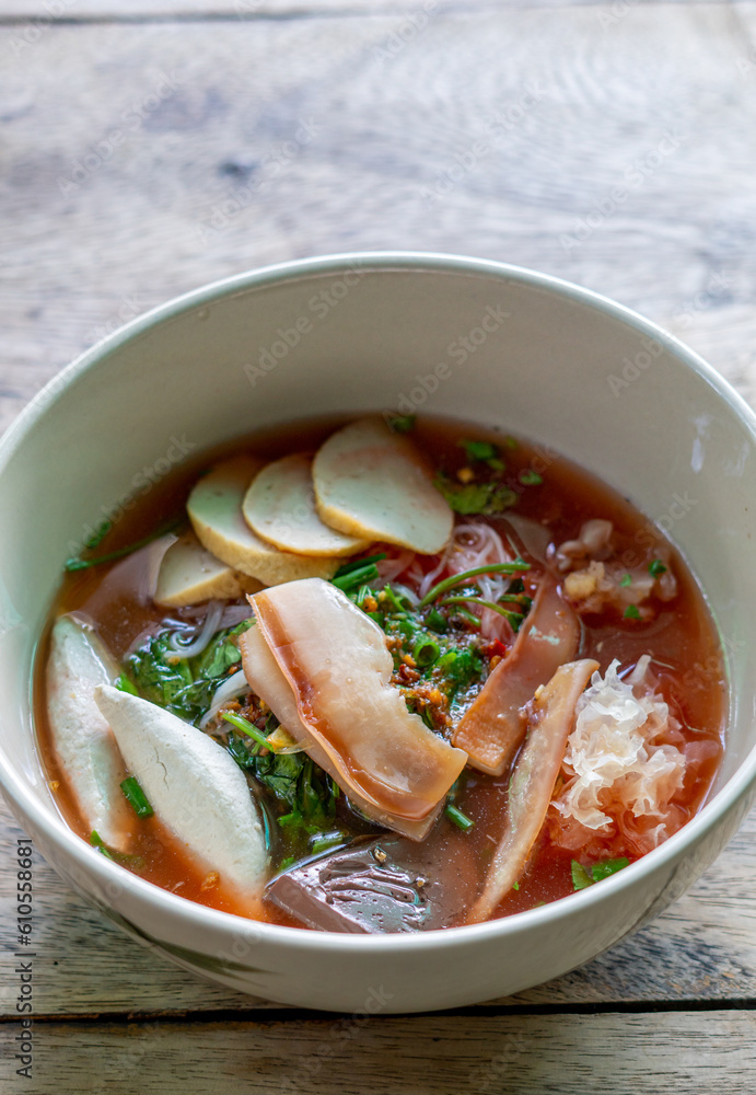 Yentafo noodle with fish meatball tofu and dumpling the good tasty food in the noodle resturant in Thailand.