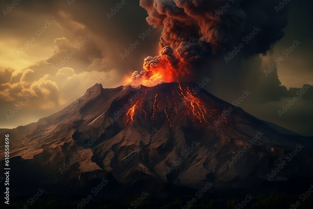 Massive Volcano Eruption. A large volcano erupts hot lava and gases into the atmosphere at night time. Lava dangerous nature explosion. Generative AI Technology