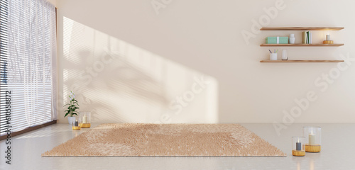 Pastel rooms with candles lit around the room and carpet on the floor Outside the window is a snowy view in winter 3D illustration