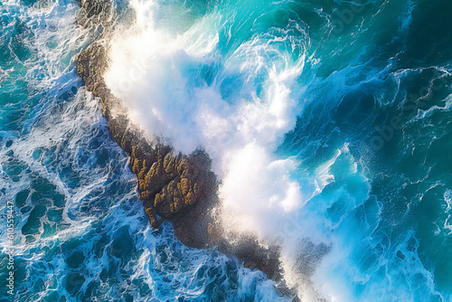 Aerial view of ocean waves crashing on the shore. Created with Generative AI technology.