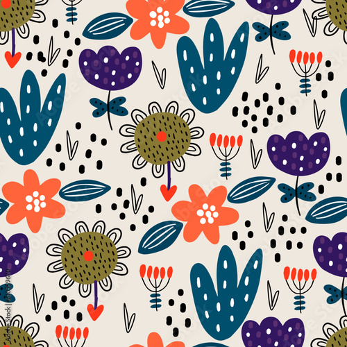 Cute seamless pattern with decorative plants and flowers in doodle style. Perfect for kids fabric, textile, nursery wallpaper. Vector