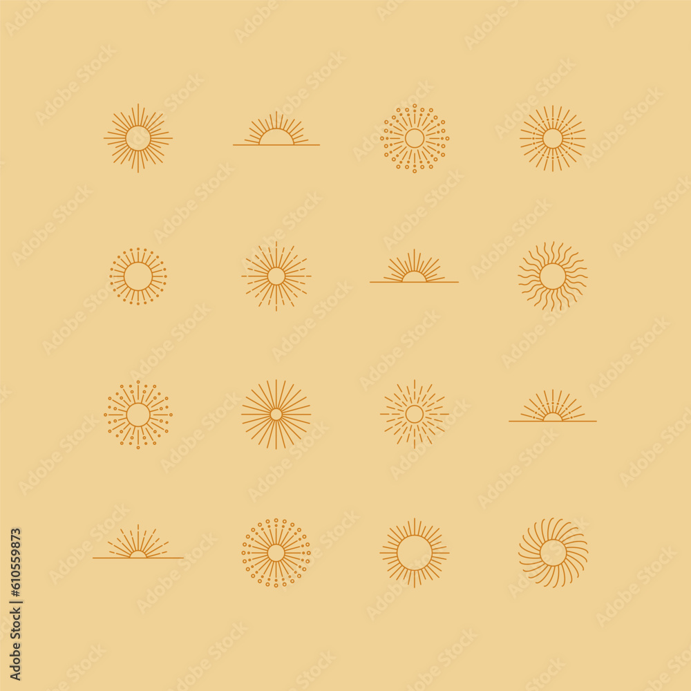 Collection of design elements. Sun, sunburst, sunrise, sunset, sun rays ...