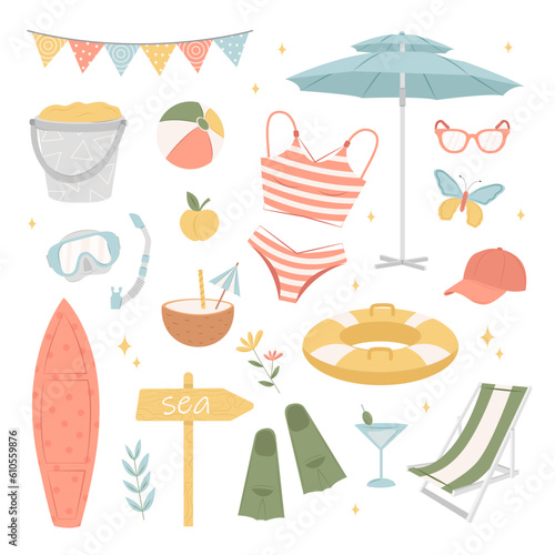 Big summer set. Beach set of cute elements, swimsuit, sun lounger with umbrella, swimming circle, fruit, fins and mask, beach bag, surfboard, cap. cartoon vector illustration. Active summer vacation.
