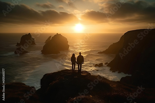 Romantic date of happy couple holding hands at summit of mountain chase looking at beautiful stunning amazing view of the ocean sunrise or sunset. Freedom and travel concept. Generative AI Technology