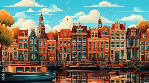 Background Amsterdam canals. The picturesque Amsterdam canals with an enchanting illustration with an abstract background and captivating banner design. Generative AI.