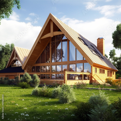 Eco House with solar panels on the roof. Sustainable and clean energy at home. Country house,near trees.(Generative Ai)