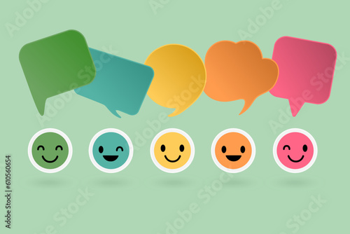 multi color of smiling face with blank speech bubbles on green background. For people communication, talking , discussion, Coworkers, team, thinking, question, idea, brainstorming, reunion concept