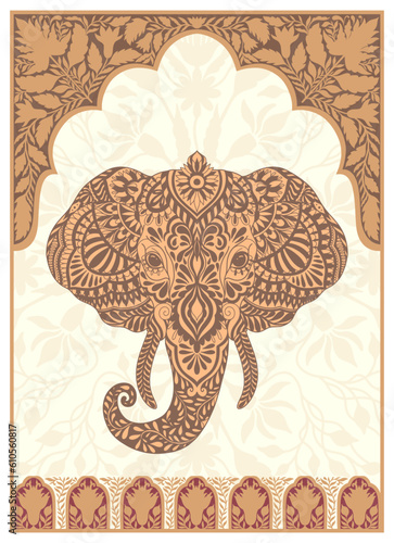 Elephant head in arch historical style. Sacred animal of Mughal and India. Hand drawn design in linear style.