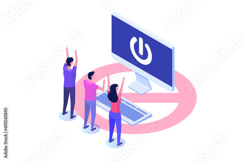 Digital detox, internet addiction isomertric concept. Vector illustration.