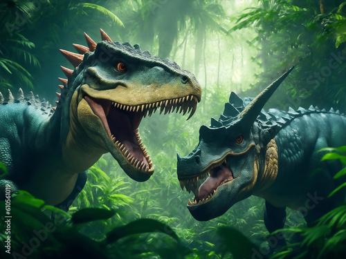 Dinosaur in the jungle, Generative AI Illustration.