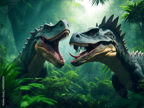 Dinosaurs in the jungle, Generative AI Illustration.