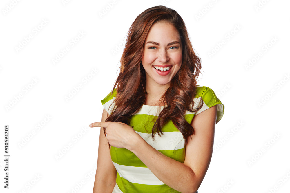 Portrait, pointing and happy woman in dress isolated on a transparent png background. Excited, hand gesture and female person showing advertising, marketing or promotion, branding or commercial offer Portrait, pointing and happy woman in dress isolated on a transparent png background. Excited, hand gesture and female person showing advertising, marketing or promotion, branding or commercial offer