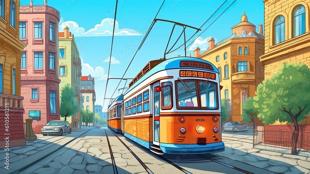 Obraz premium Background streetcar in old town. Illustration featuring a streetcar in an old-town setting with a mesmerizing abstract background and captivating banner design. Generative AI.