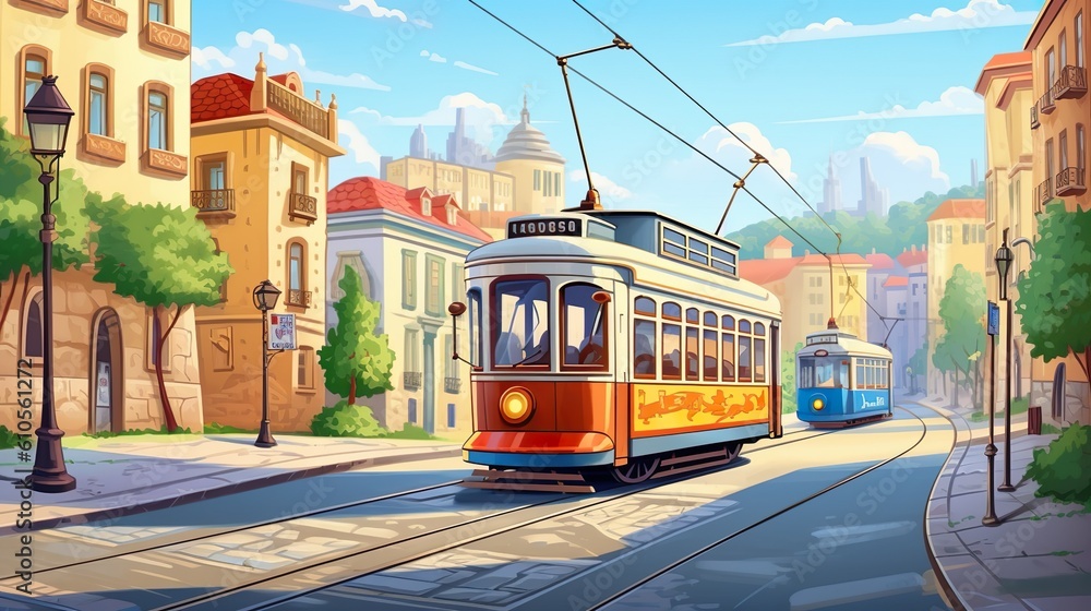 Background streetcar in old town. The atmosphere of an old town with an illustration depicting a streetcar, complemented by captivating banner design. Generative AI. - obrazy, fototapety, plakaty 