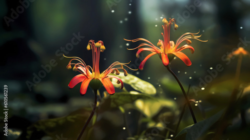 Beautiful flowers in the tropical forest, front view.