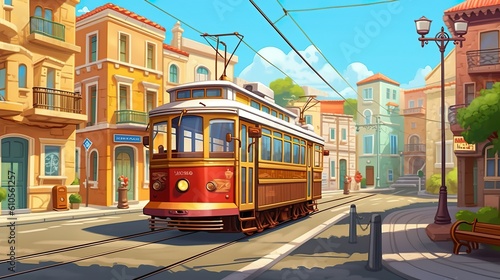 Background streetcar in old town. The charm of an old town with an illustration highlighting a streetcar, accompanied by banner design. Generative AI. photo